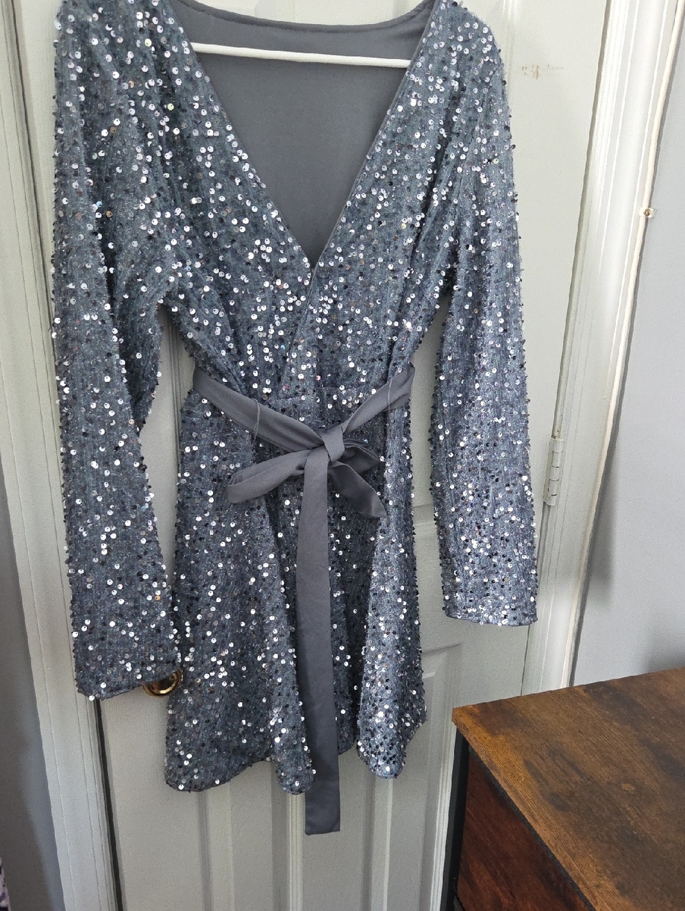 Sequin Wrap Robe in Silver Gray - Women’s Luxe Sleepwear